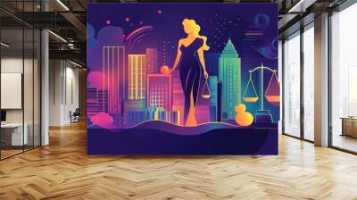 A vibrant cityscape featuring a woman symbolizing justice, with scales and skyscrapers. Wall mural