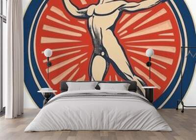 A vintage-style illustration of a muscular man standing in a heroic pose with his arms outstretched, set against a background of red and blue rays. Wall mural