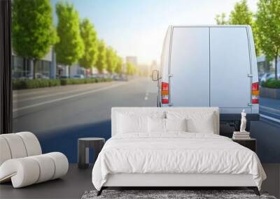 A white delivery van drives down a city street on a sunny day. Wall mural