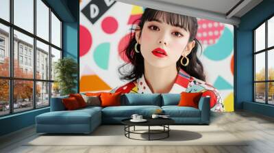 A young woman with black hair and red lipstick, wearing a colorful shirt, poses against a background of geometric shapes. Wall mural