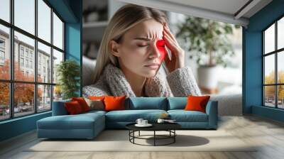 A young woman with blonde hair is sitting on a couch and holding her head in pain Wall mural