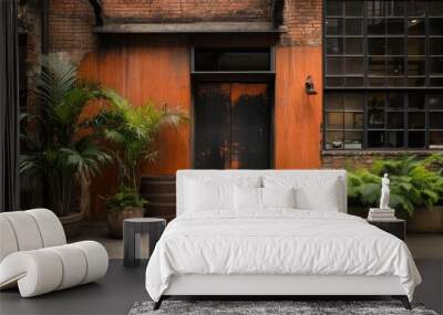 An aged industrial door framed by brick, rusted metal, and greenery in an urban setting. Wall mural