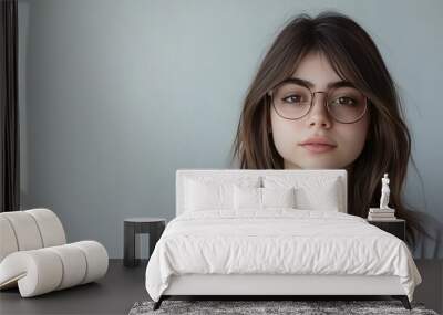 Close-up portrait of a young woman with long brown hair wearing round eyeglasses and a white t-shirt against a light grey background. Wall mural