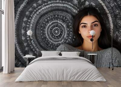 Close-up portrait of a young woman with long dark hair, wearing a grey sweater, looking directly at the camera against a background of a patterned mandala. Wall mural