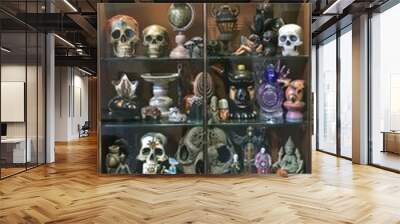 Collection of Figurines and Skulls in Glass Cabinet. Wall mural