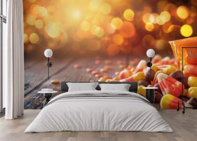 Colorful candy corn and chocolate candies on a rustic wooden table with a bokeh background. Wall mural