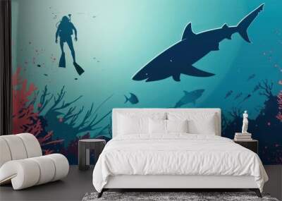 Diver and sharks swimming through coral reef. Wall mural