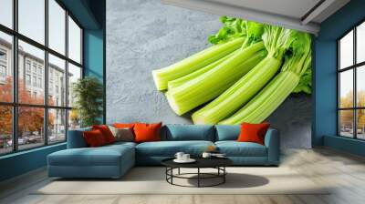 Fresh green celery stalks with leaves on a gray background. Wall mural