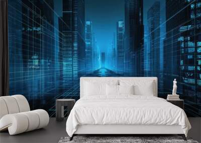 Futuristic city grid with blue neon lines. Wall mural