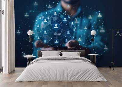 Global virtual hologram icon depicting interconnected people. Concept of global connectivity Wall mural