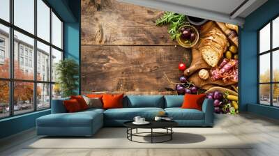 Gourmet Cheese and Meat Board with Grapes and Bread Wall mural