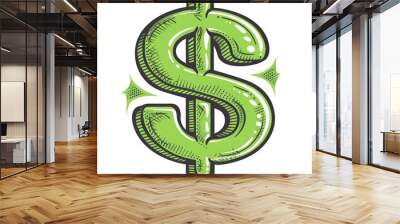 Hand-drawn green dollar sign with black outline and sparkles. Wall mural