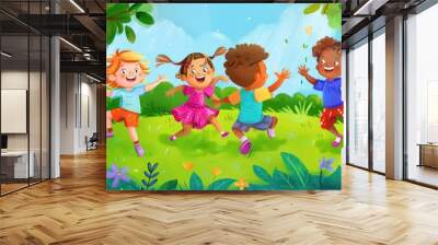 Happy Children Playing in a Green Meadow. Wall mural