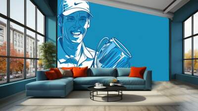 Happy Golf Champion Holding Trophy. Wall mural