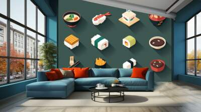 Japanese Sushi Set Icon Illustration. Wall mural