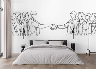 Line art illustration of two people shaking hands with a crowd behind them. Wall mural