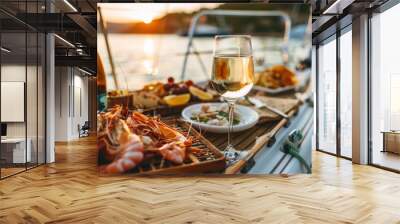 Luxury Yacht Dinner with Wine and Seafood. Wall mural