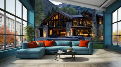 Modern mountain home with a large stone fireplace and a patio overlooking a valley. Wall mural