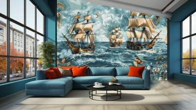 Sailing Ships on a Turquoise Ocean with Palm Trees and Flowers. Wall mural