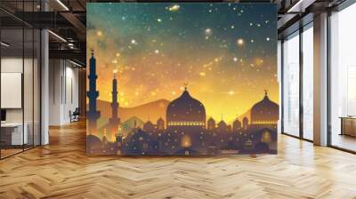 Silhouette of an Islamic city with majestic domes and ornate minarets. Cultural heritage in vintage graphic style Wall mural