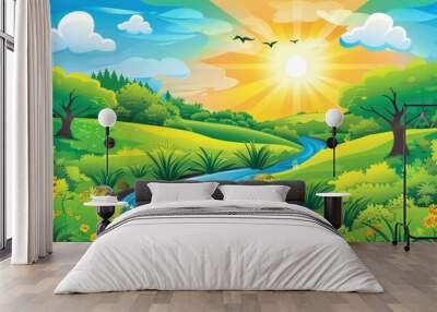 Sunny Day with a Winding River in a Green Meadow. Wall mural