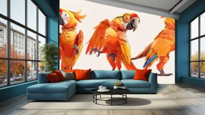 Three stylized parrots in vibrant orange hues, showcasing different poses and expressions. Wall mural