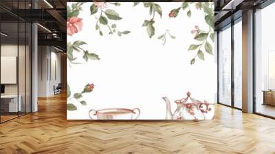 Watercolor illustration of a teapot, teacups, and roses. Wall mural