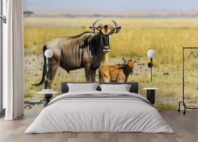 Wildebeest Mother and Calf in the African Savanna. Wall mural