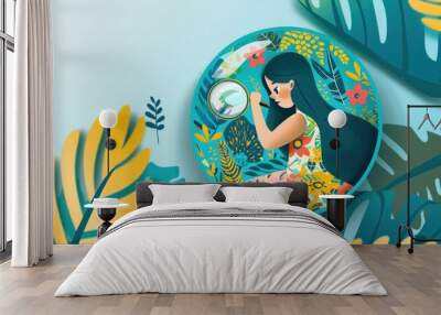 Woman with magnifying glass in a tropical world. Wall mural