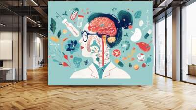 Creative health science illustration featuring a human profile with anatomical elements, surrounded by medical and botanical symbols National Minority Awareness Day Wall mural