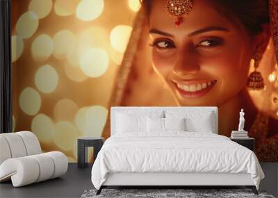 Smiling bride in golden bokeh lights Wall mural