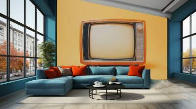 Vintage Orange Television on Bright Yellow Background Wall mural