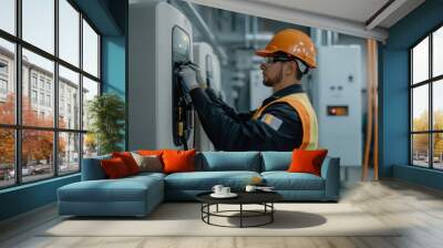 Worker Configuring Industrial Electric Vehicle Charging Station Wall mural