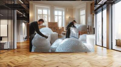 Workers Wrapping Furniture in Bubble Wrap for Moving Wall mural