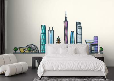 Banner of Guangzhou city in flat line trendy style. All buildings separated and customizable. Line art. Wall mural