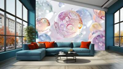 Colorful soap bubbles on white background.render illustration. Wall mural