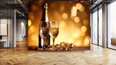 Glasses of champagne on a festive background, party or holiday concept. New Year or Christmas sparkling background with copy space. Gold and black colors. Wall mural