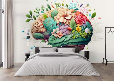 Human brain with spring colorful flowers. Concept of mental health, self care, happiness, harmony, positive thinking, creative mind. World Mental Health day. Generative ai. Wall mural