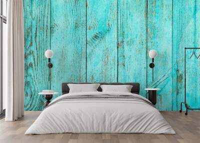 Weathered blue wooden background texture. Shabby wood teal or turquoise green painted. Vintage beach wood backdrop. Wall mural