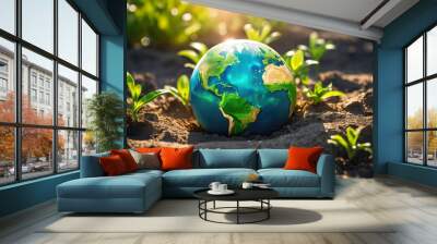 globe earth lies in green grass around dry earth, drought, environmental protection, environment, ecology Wall mural