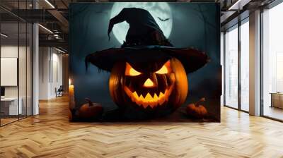 glowing halloween pumpkin in witch hat, halloween concept, mystical background Wall mural