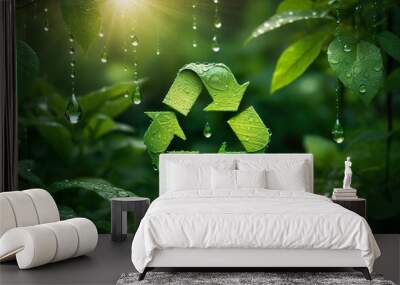 green recycling symbol on background of plants and leaves, sunlight Wall mural