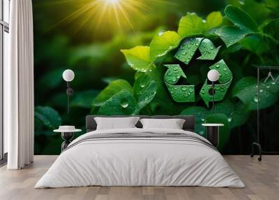 green recycling symbol on background of plants and leaves Wall mural