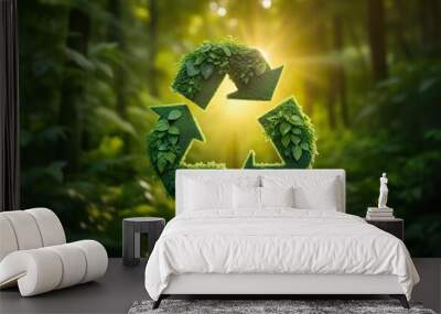 green recycling symbol on blurred forest background, sunlight Wall mural