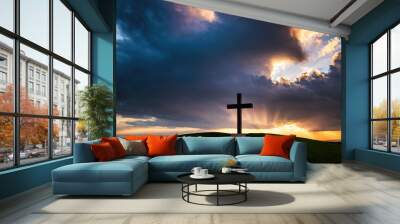 Jesus Christ cross, Christian cross on a background of dramatic sky Wall mural