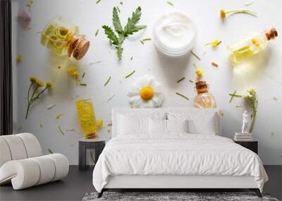 natural cosmetics for face and body care from wildflowers close-up on a white background Wall mural