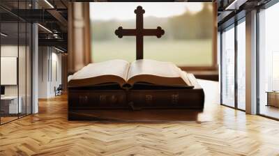 open bible and wooden cross crucifix Wall mural