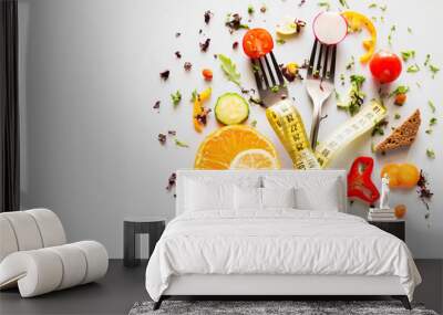 vegetables on forks with measuring tape on a white background with place for text. concept diet, weight loss, fat loss Wall mural