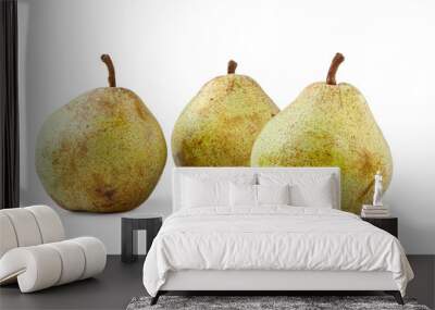 Decana Pears, Isolated on White Background – Arranged Group of Three Round Green Pears of Italian Cultivar from Emilia Region – Detailed Close-Up Macro on Skin, High Resolution Wall mural