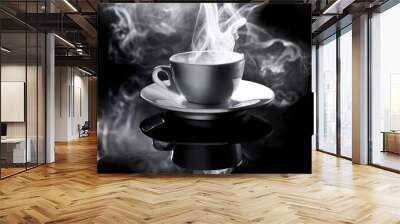 small white cup of steaming coffee on a black background Wall mural